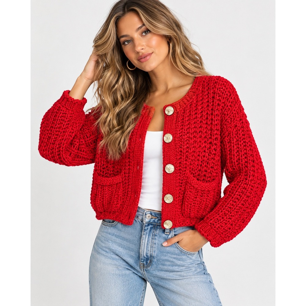 Aaron & Amber Red Crochet Cardigan Y2K Coquette Boho Fairy Core Sweater S